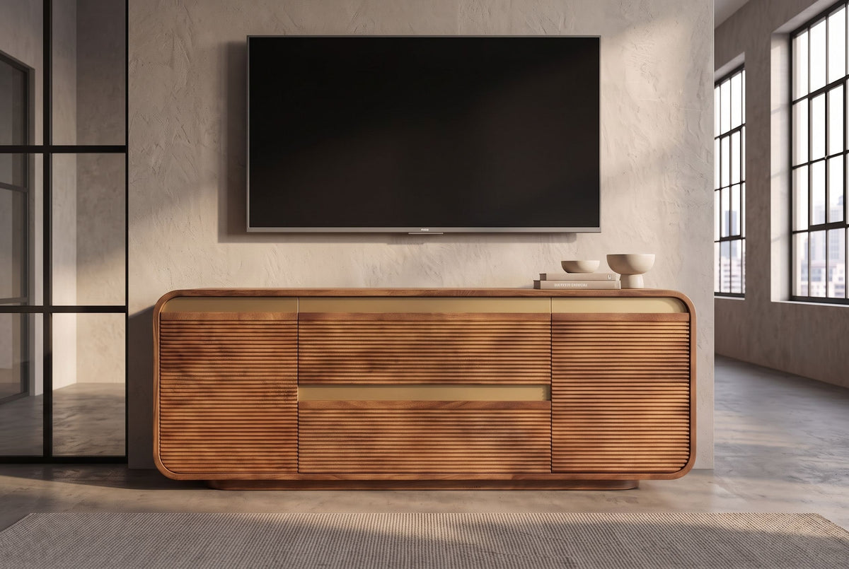 TV-Board MONZA 160cm w/ cable management fluted front rounded edges brown mango wood gold details