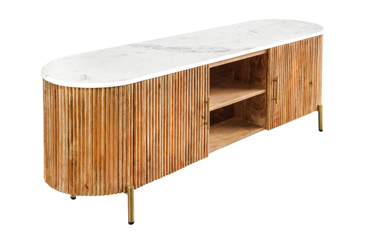 TV-Board TRES CHIC 140cm Mangoholz natur mit weißer Marmorplatte und goldenen Griffen