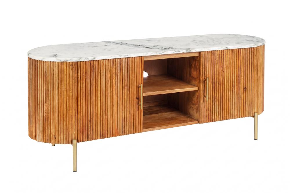 TV-Board TRES CHIC 140cm Mangoholz natur mit weißer Marmorplatte und goldenen Griffen
