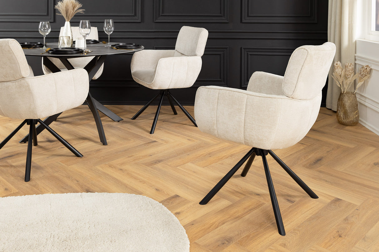 Drehstuhl UNIQUE 180° mit Armlehnen Chenillestoff champagnerbeige und schwarzen Beinen