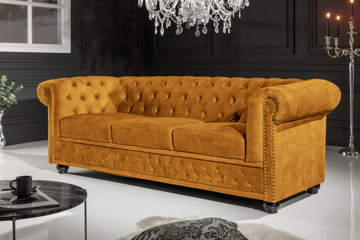 Sofa CHESTERFIELD 205cm spring core 3-seater velvet mustard yellow