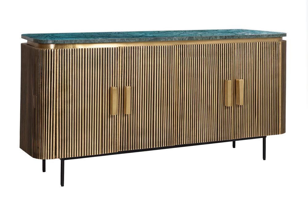 Sideboard VENEZIANO 160cm Mangoholz und Marmorplatte grün Messing