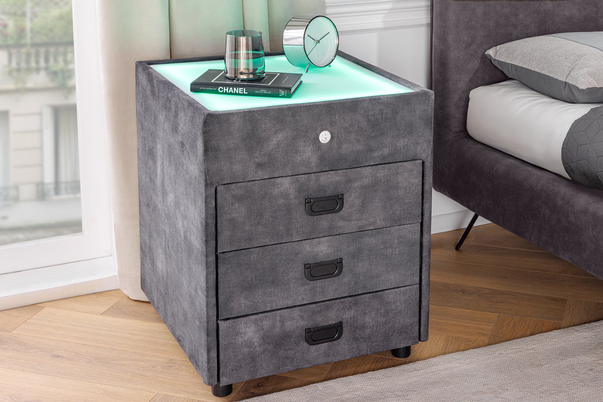 Bedside table PARIS w/ LED light 55cm velvet grey