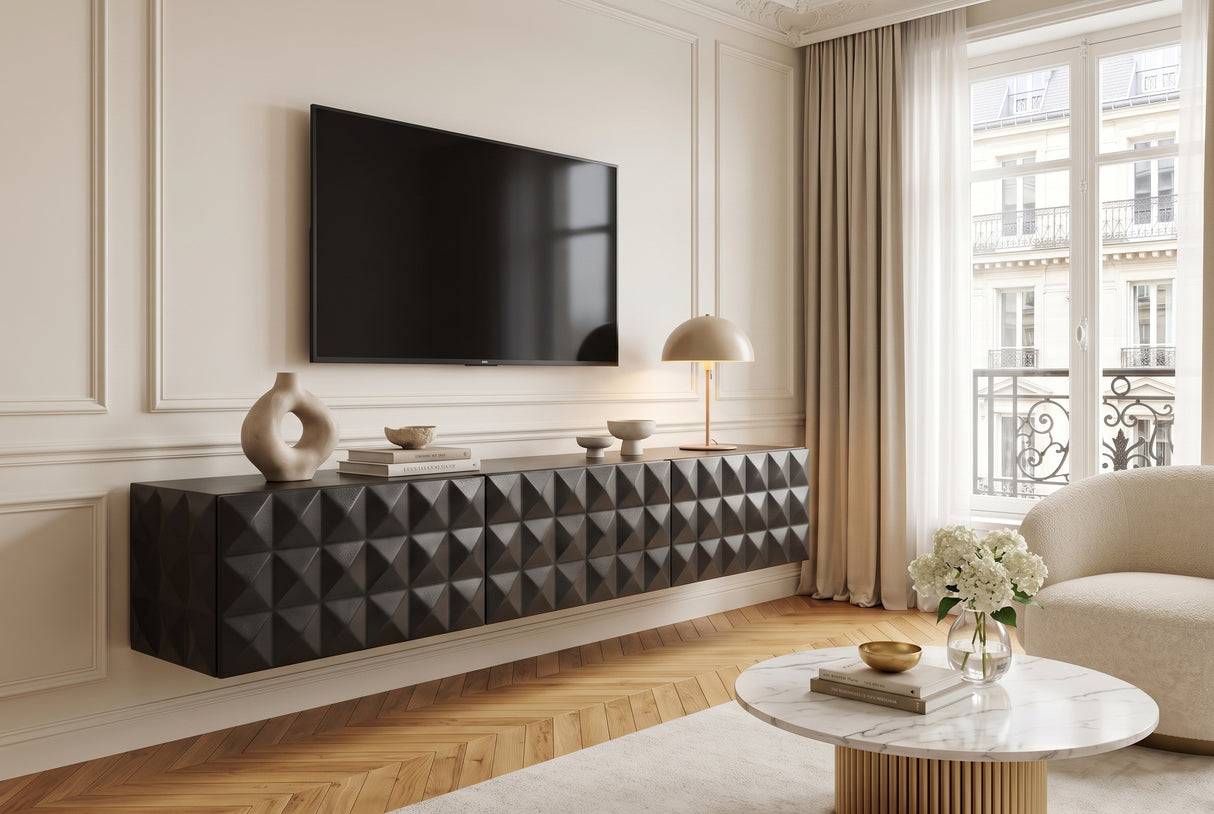 TV-Board VULCANO 160cm 3D hängend mit Kabelloch Mangoholz schwarz