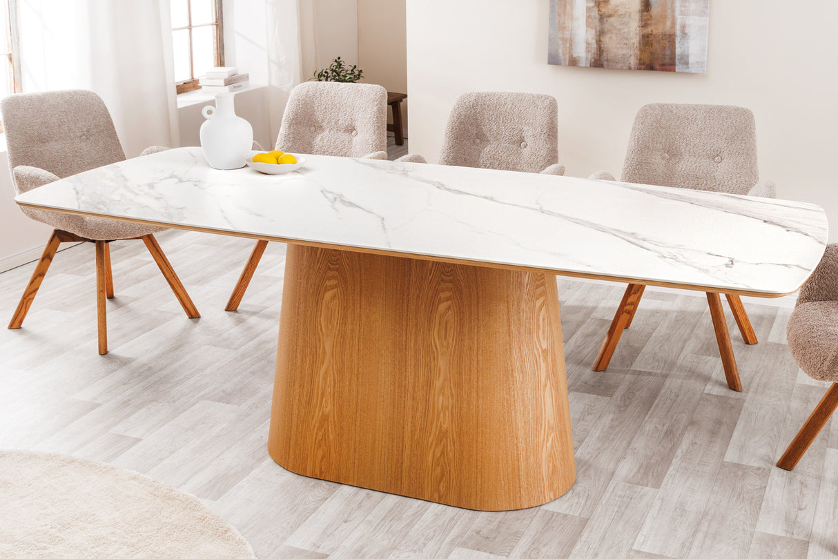Esstisch UNIQUE 200cm Gestell Eichenholz furniert Keramik weiße Marmorplatte