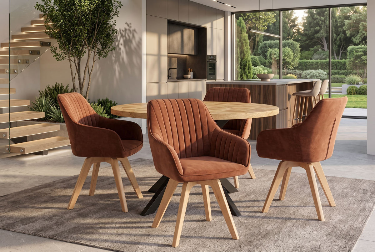 Swivel chair LIVORNO 180° auto-return w/ armrests velvet rust brown beech wood swivel base