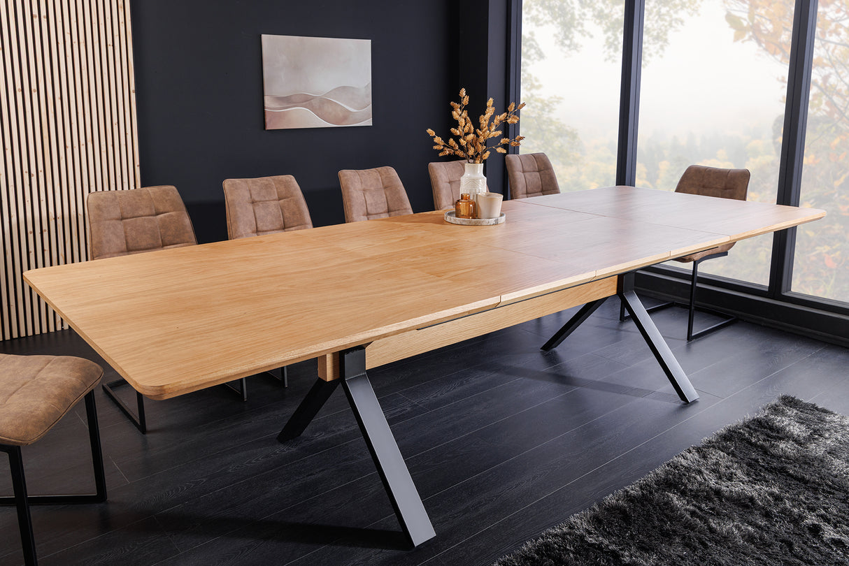 Dining table GIANT 180-300cm extendable natural oak wood look w/ black metal frame