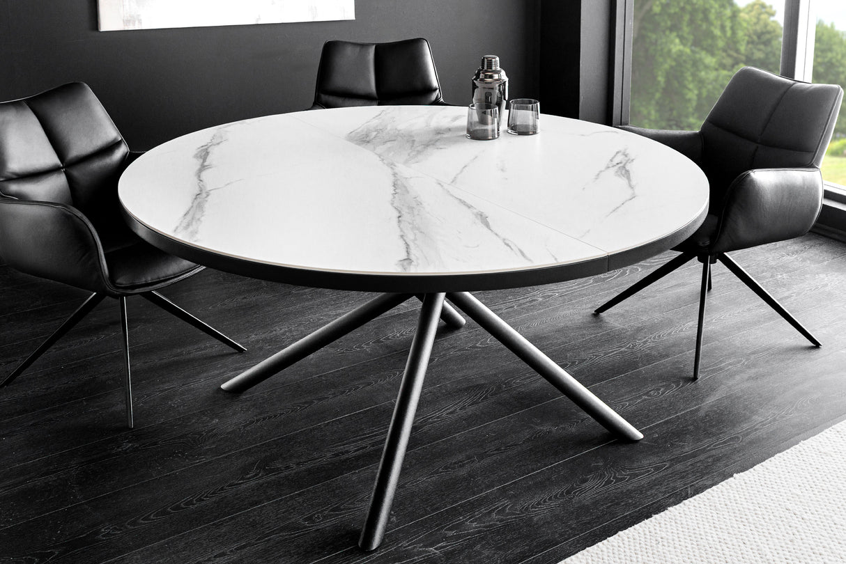Dining table MIKADO 120-160cm round extendable marble look white ceramic tempered glass