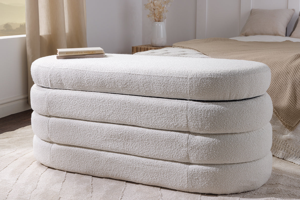 Bench chest VOQUE 115cm bouclé creamy white upholstered w/ storage space bench seat