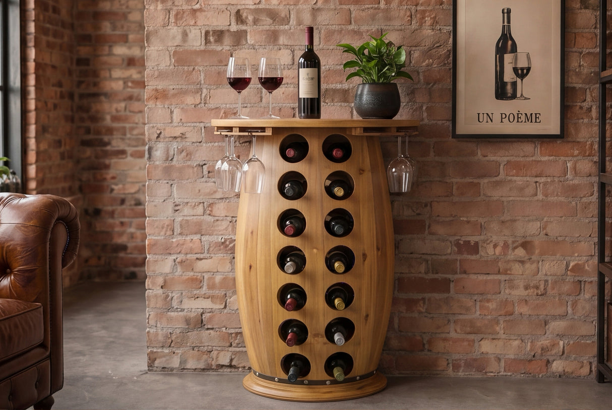 Wine shelf half BODEGA 85cm for 14 bottles and 6 glasses pine wood