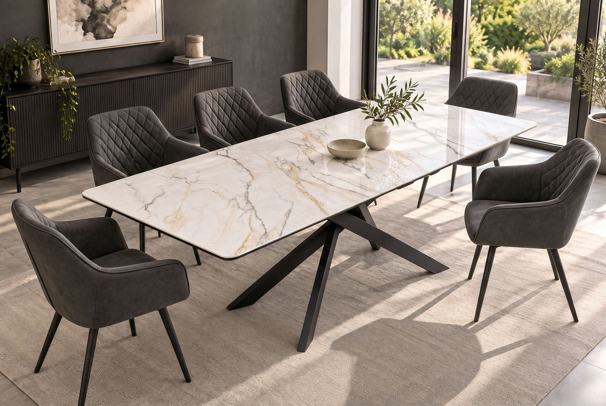 Esstisch ALPINE 160-200cm ausziehbar, Calacatta Oro Keramik in Marmoroptik, weiß mit schwarzem Sternenfuß