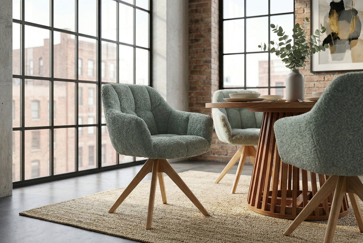 Swivel chair PAPILLON rotatable 180° sage green bouclé w/ armrests oak look legs