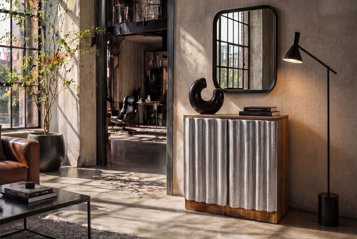 Sideboard ZALVERO 75cm Mangoholz Aluminiumfront naturfarben silber