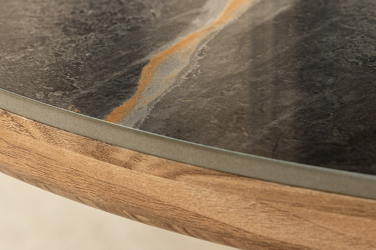Esstisch UNIQUE 200cm ovales Gestell Walnussholz furniert Keramik graue Marmorplatte