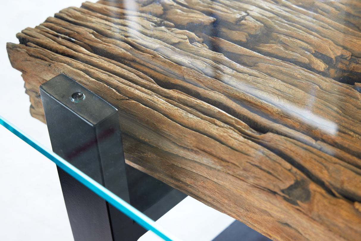 Couchtisch BARRACUDA 130cm recyceltes Teakholz mit gehärteter Glasplatte