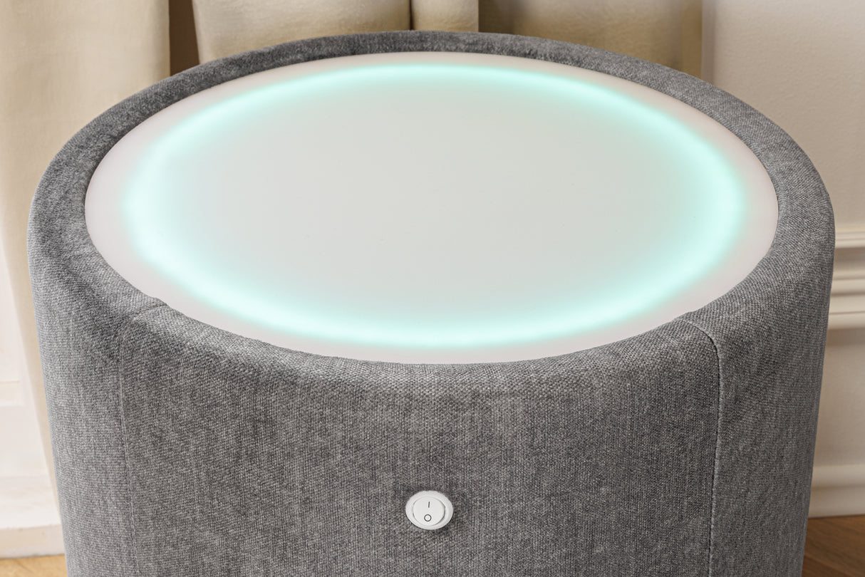 Bedside table SIGNUM round w/ LED light 55cm velvet grey
