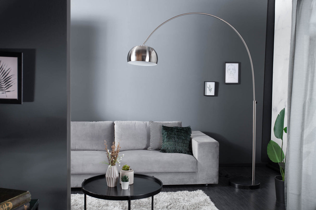 Stehleuchte BIG BOW 170-210cm satiniertes Chrom mit Marmorsockel