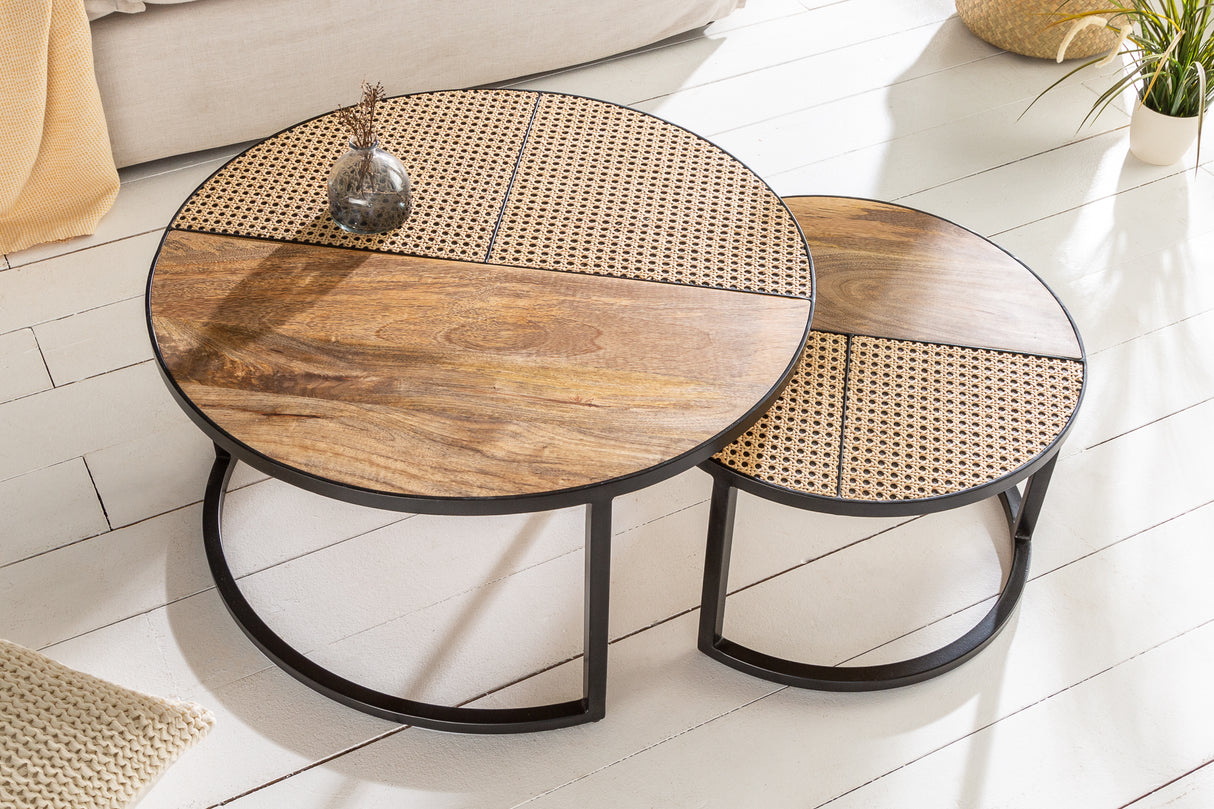 Coffee table VIENNA LOUNGE round set of 2 mango and rattan