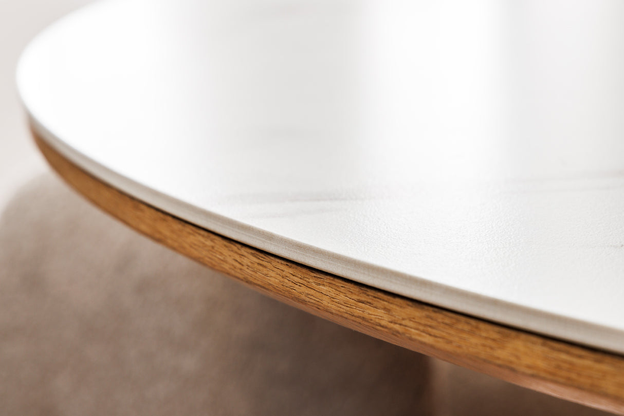 Dining table UNIQUE 120cm round oak wood verneered ceramic white marble top