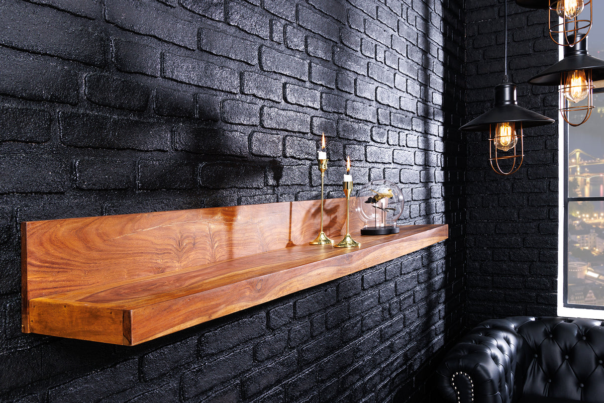 Wandregal MAKASSAR 140 cm, Naturstein-Finish, Sheesham-Holz
