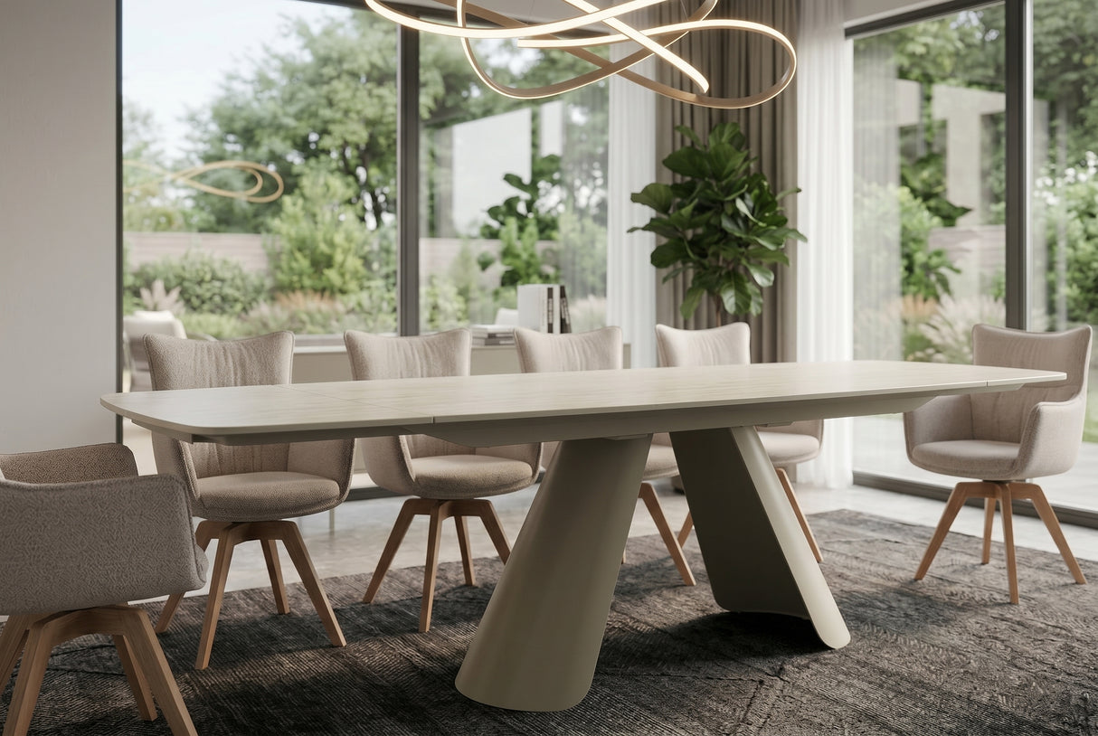 Dining table VOGUE 160-240cm extendable w/ metal frame travertine ceramic top champagne greige beige