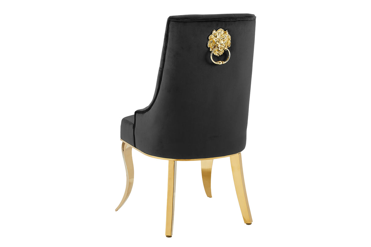 Chair MODERN BAROCK w/ lion´s head handle stainless steel legs gold velvet black