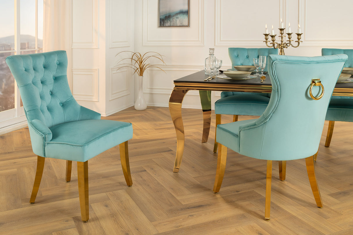 Stuhl CASTLE mit Komfortgriff samt blau goldenen Beinen im Chesterfield Stil