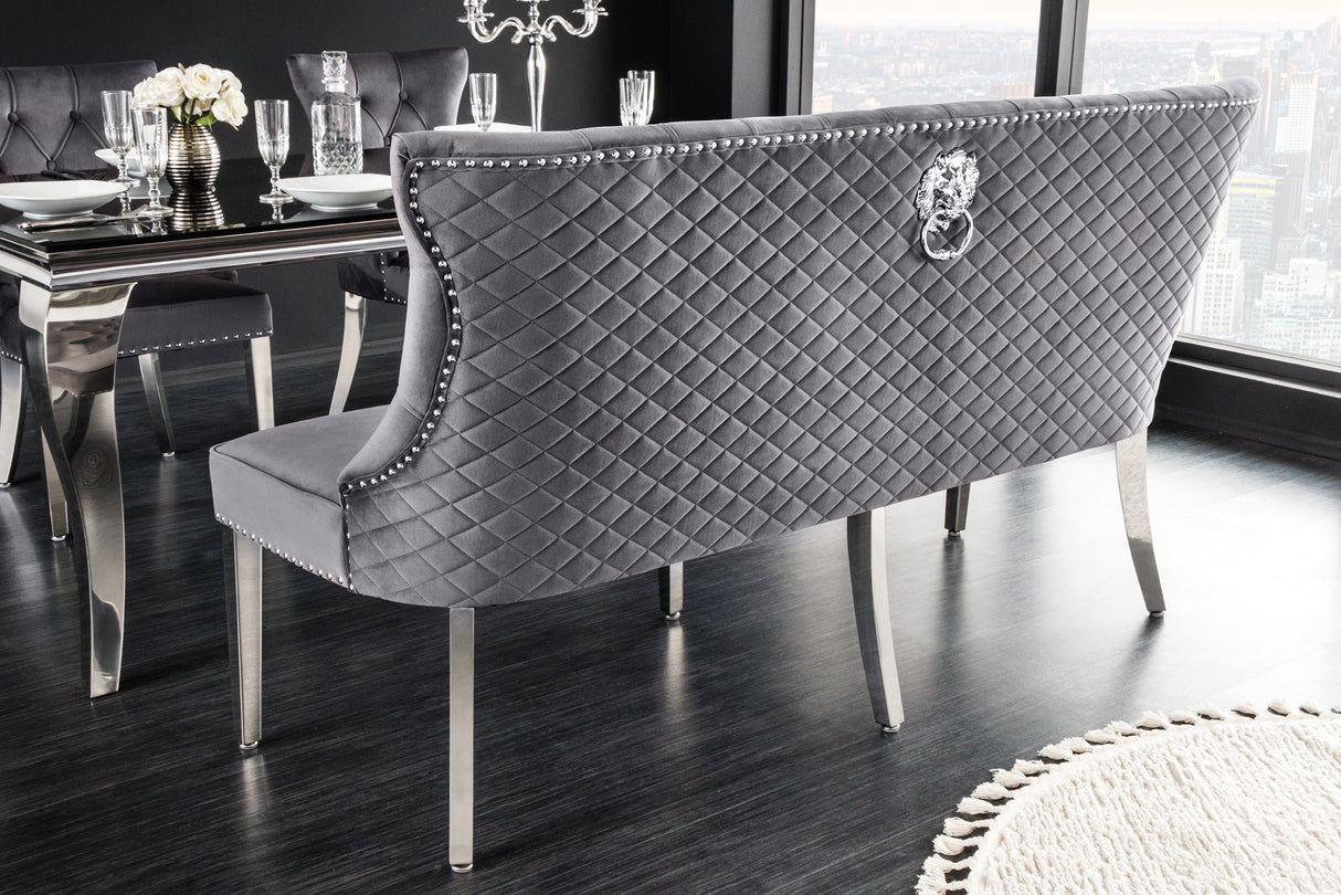 Sofa bench CASTLE DELUXE 165cm w/ lion´s head velvet grey in baroque style