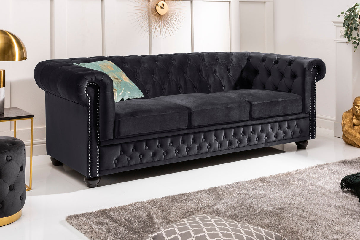 Sofa CHESTERFIELD 205cm spring core 3-seater velvet black
