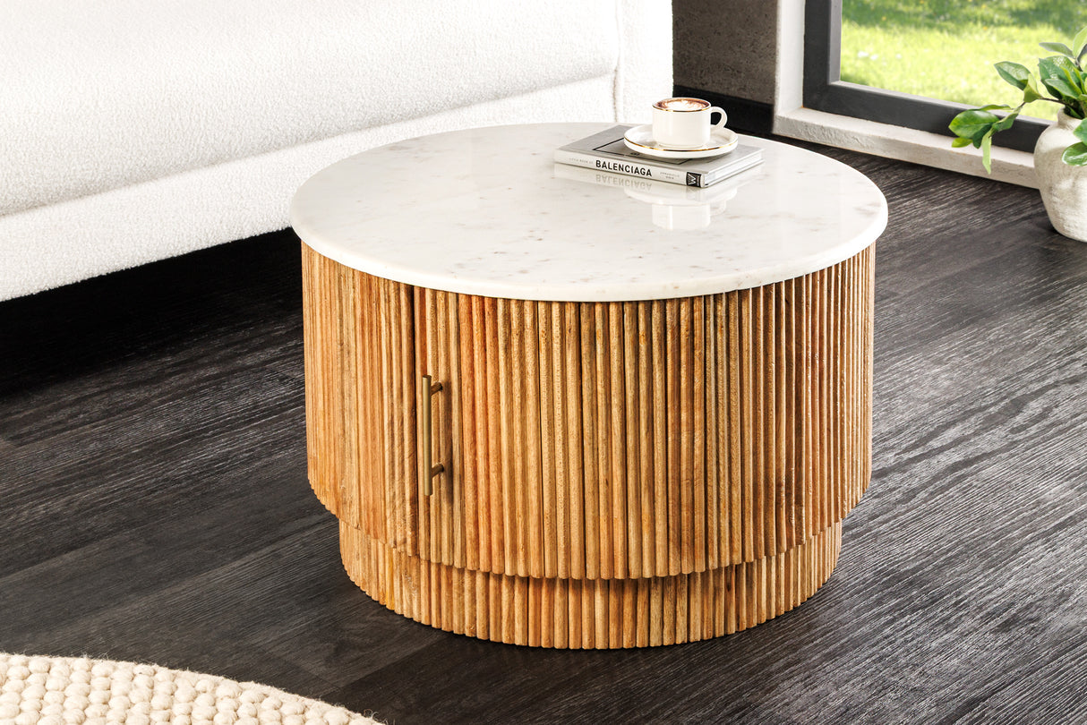 Coffee table TRES CHIC Ø 60cm round mango wood natural w/ white marble top
