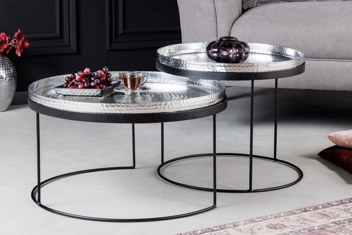 Coffee table ELEMENTS set of 2 removable trays hammer stroke effect silver