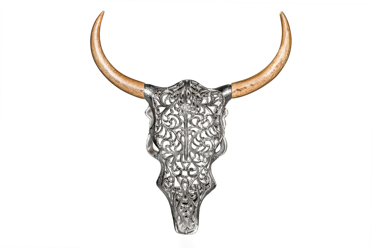 Wanddeko Totenkopf EXOTIC BULL 57cm silber Mangoholz Hörner