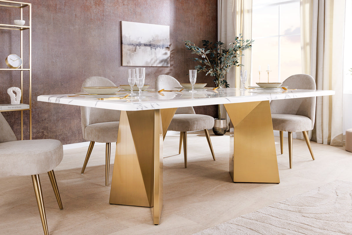 Dining table EXTRAVAGANCIA 200cm w/ champagne golden legs white marble top