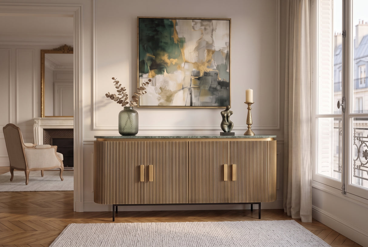 Sideboard VENEZIANO 160cm Mangoholz und Marmorplatte grün Messing