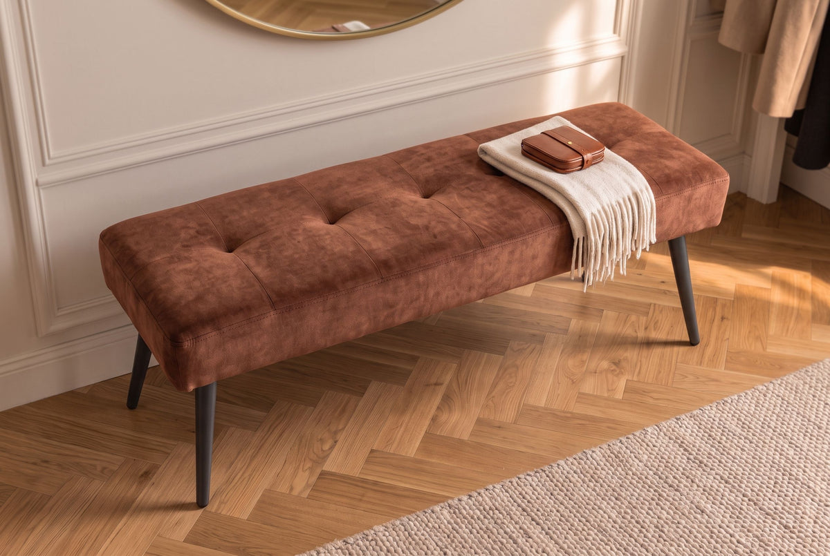Bench BOUTIQUE 100cm button tufted look velvet rust brown w/ black metal legs