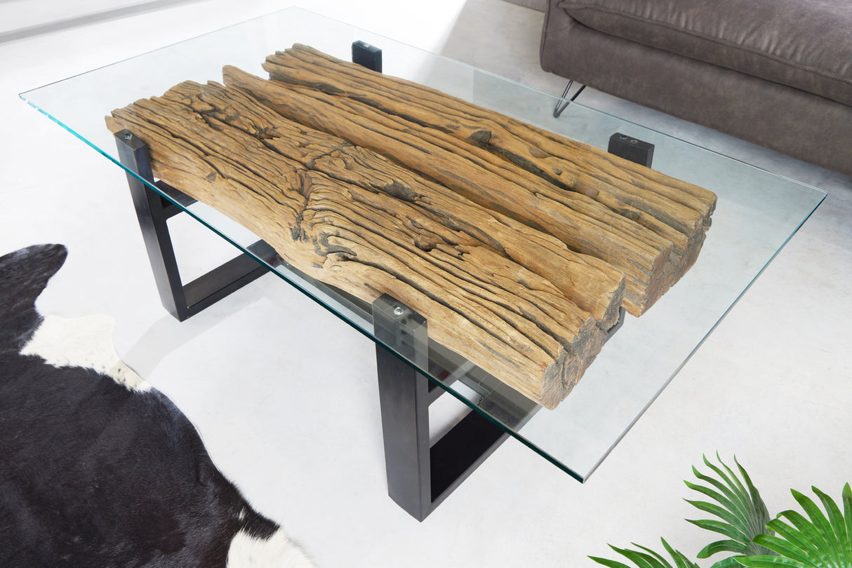 Couchtisch BARRACUDA 130cm recyceltes Teakholz mit gehärteter Glasplatte