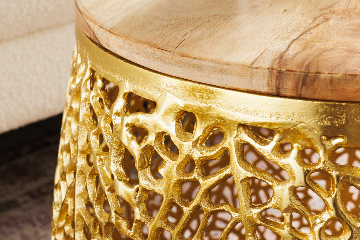Coffee table LEAF 40cm set of 2 gold with acacia wood plate