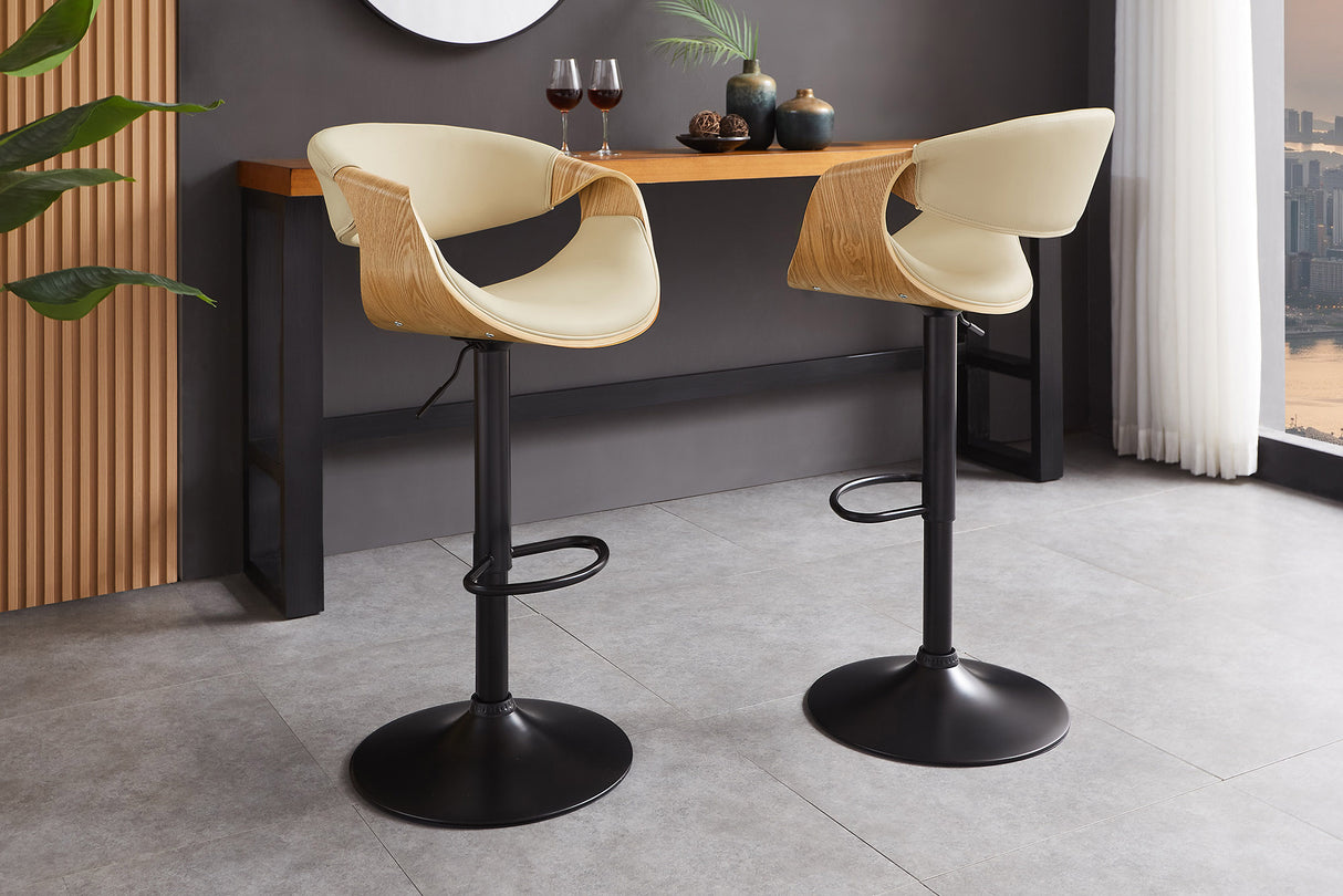 Bar stool ORGANIC 89-100cm rotatable w/ armrests artificial leather creamy beige and oak wood look