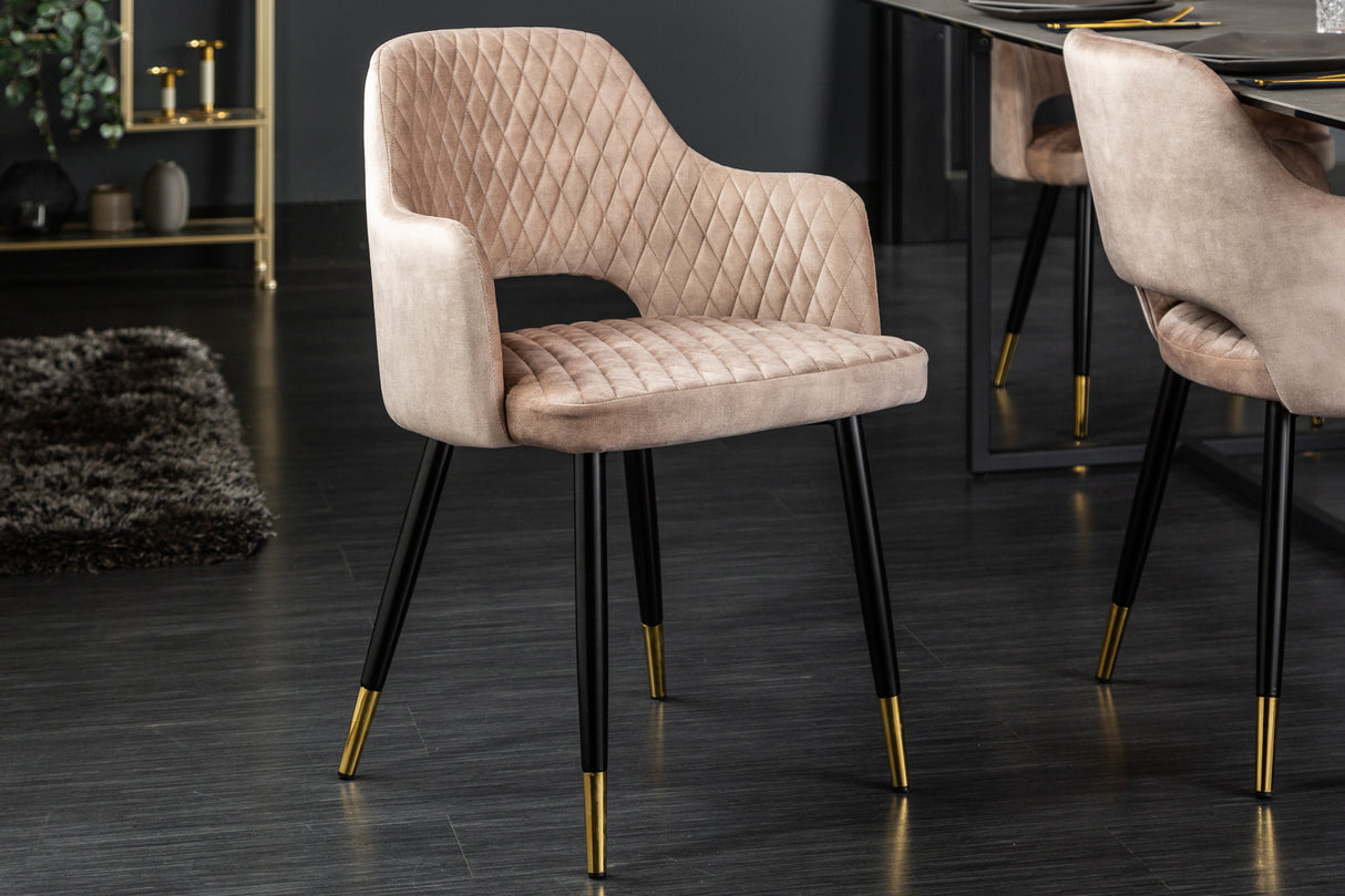 Chair PARIS w/ armrests velvet with decorative quilting light greige