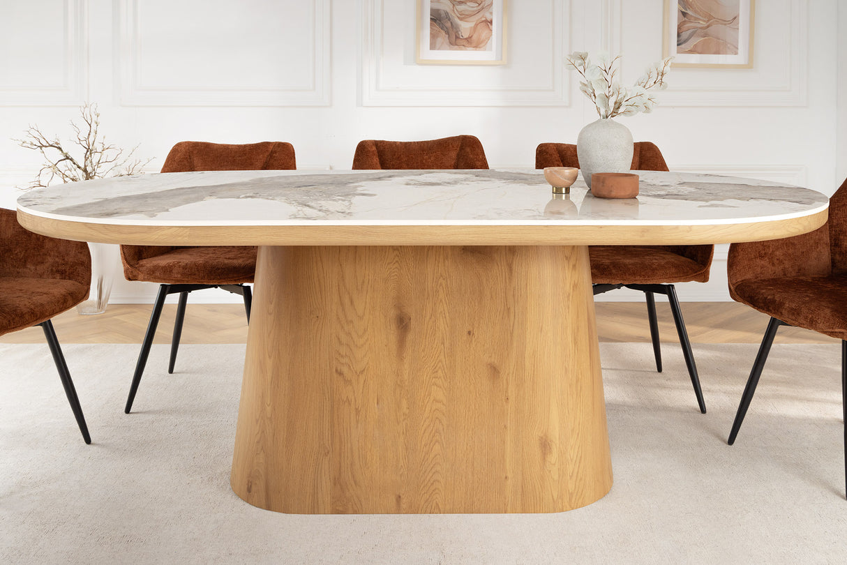 Esstisch UNIQUE 200cm ovales Gestell Eichenholz furniert Keramik weiße Marmorplatte