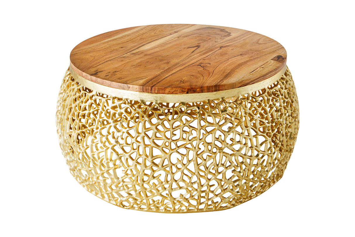 Coffee table LEAF 75cm gold with acacia wood plate