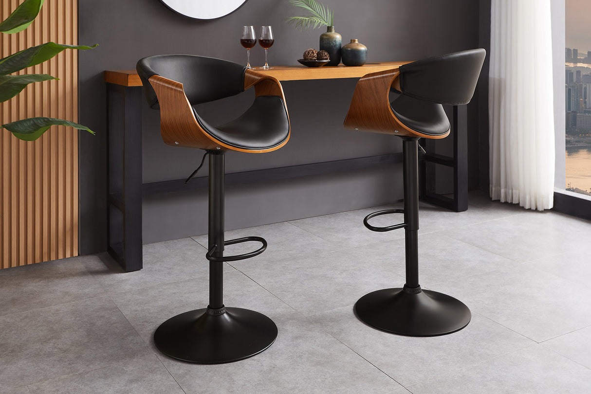 Bar stool ORGANIC 89-100cm rotatable w/ armrests artificial leather and walnut wood look