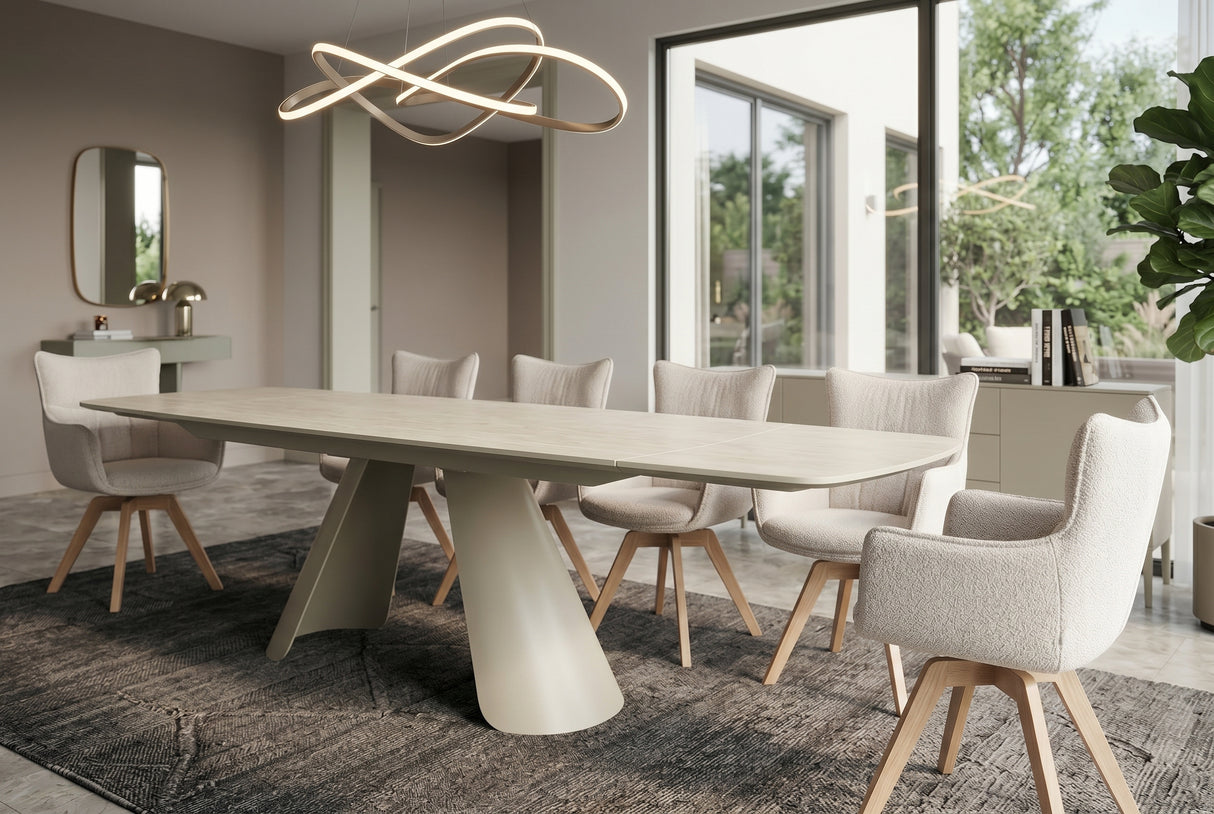 Dining table VOGUE 160-240cm extendable w/ metal frame travertine ceramic top champagne greige beige