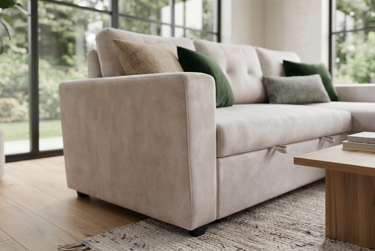 Corner sofa bed APARTMENT 205cm 3-seater w/ ottoman and storage space velvet champagne beige