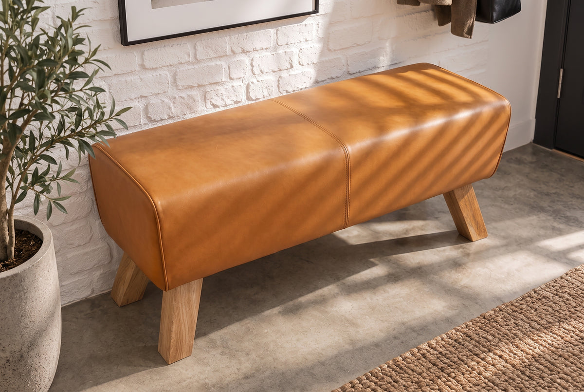 Bench TURNBOCK 100cm upholstered seat mango wood natural genuine leather cognac brown