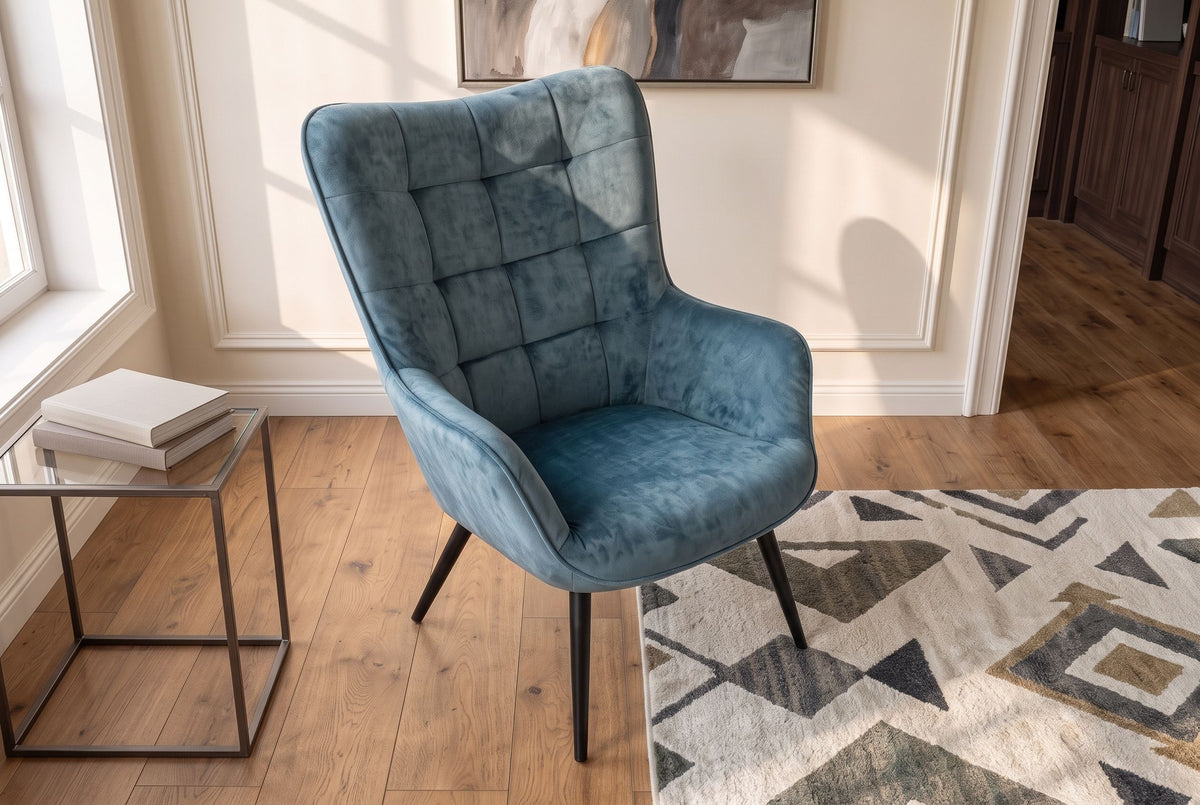 Armchair SCANDINAVIA stitched backrest velvet petrol w/ black metal legs
