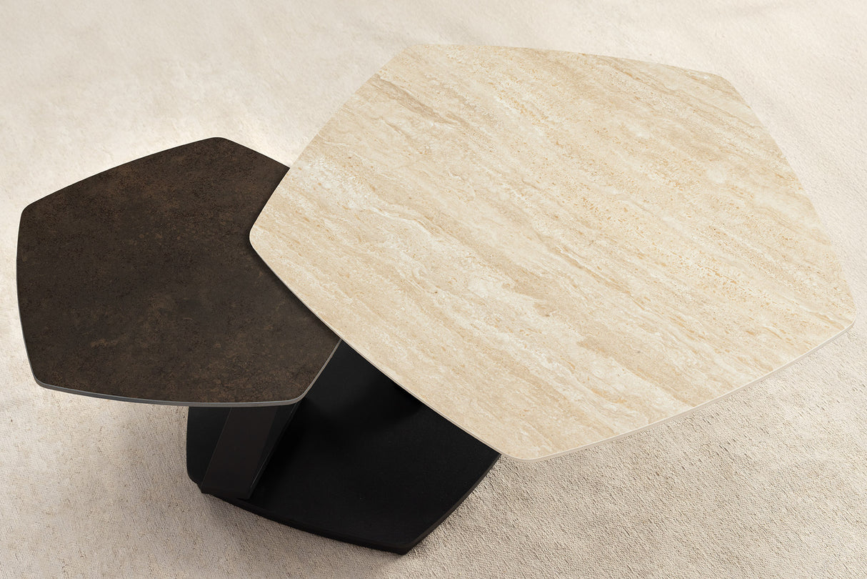 Coffee table MOVEMENT 80-130cm rotatable ceramic top natural travertine and rust look