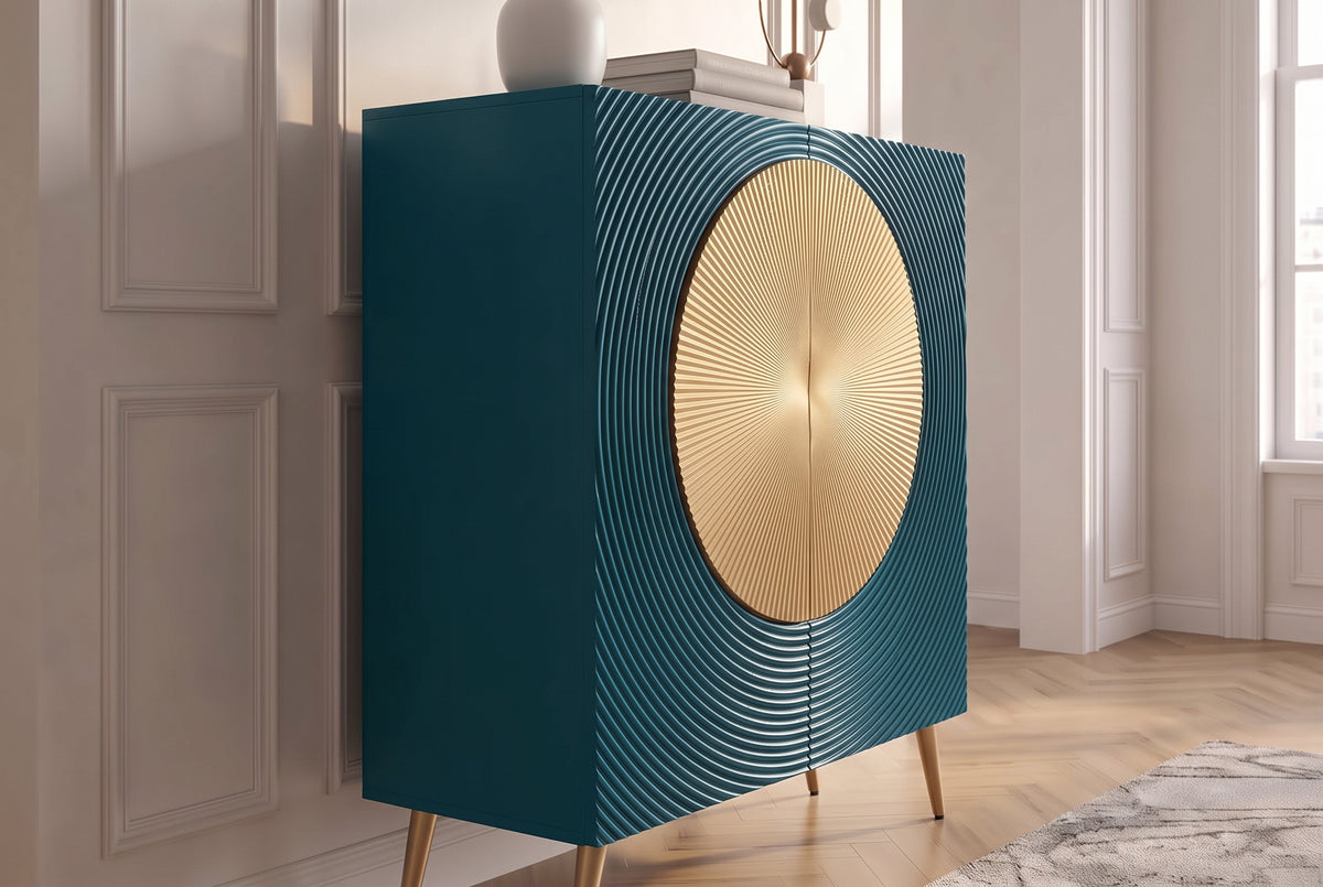 Highboard AURUM 120cm textured front gold circle accent mango wood turquoise gold metal feet