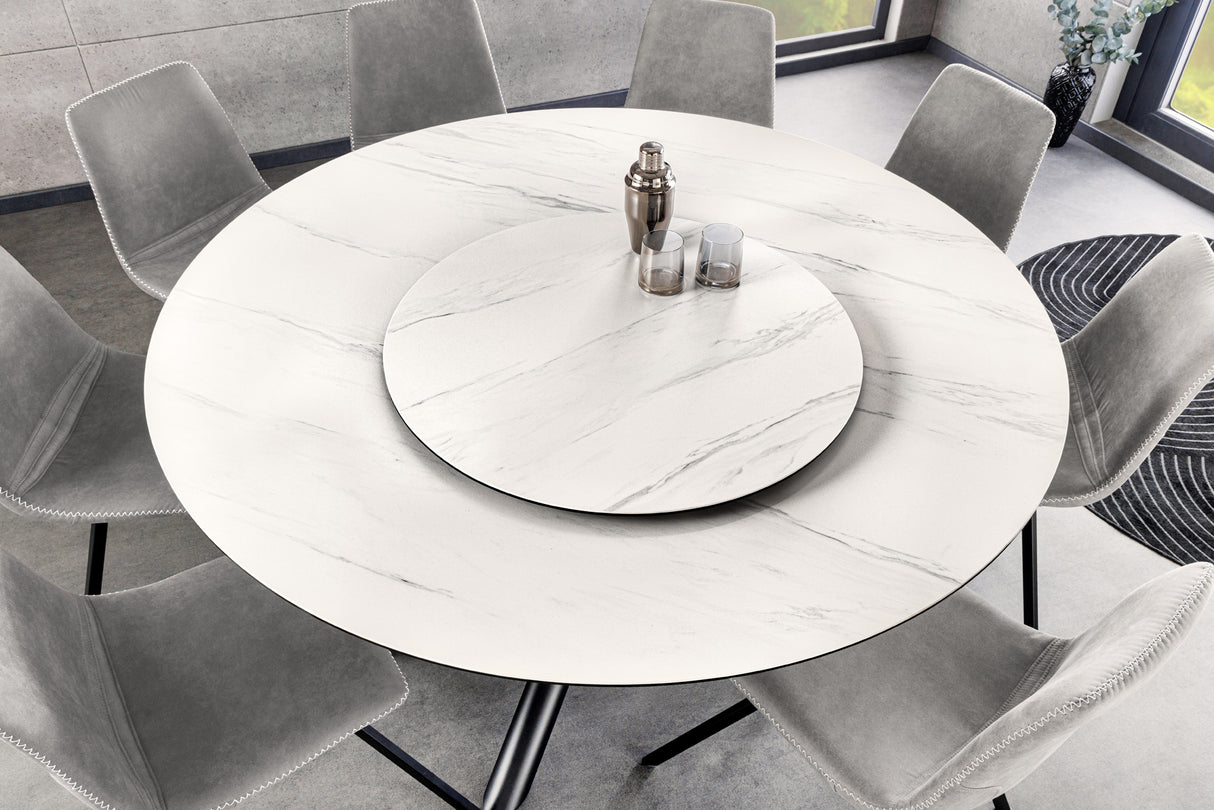 Esstisch SPIN Ø 150cm mit abnehmbarer Platte Keramik Marmoroptik weiß