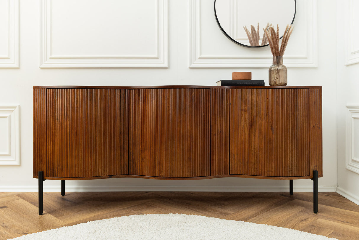 Sideboard GRANDEUR 180cm 3D Retro-Stil Mangoholz braun mit schwarzen Metallbeinen